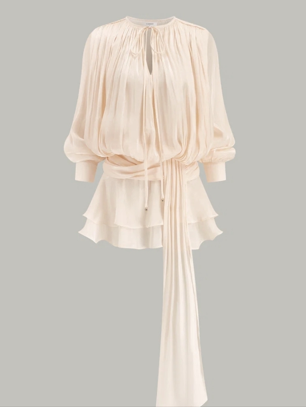 Commense Tiered Mini Dress Ruffle Asymetrical Waist Tie Ivory XS NWT - Picture 2 of 6